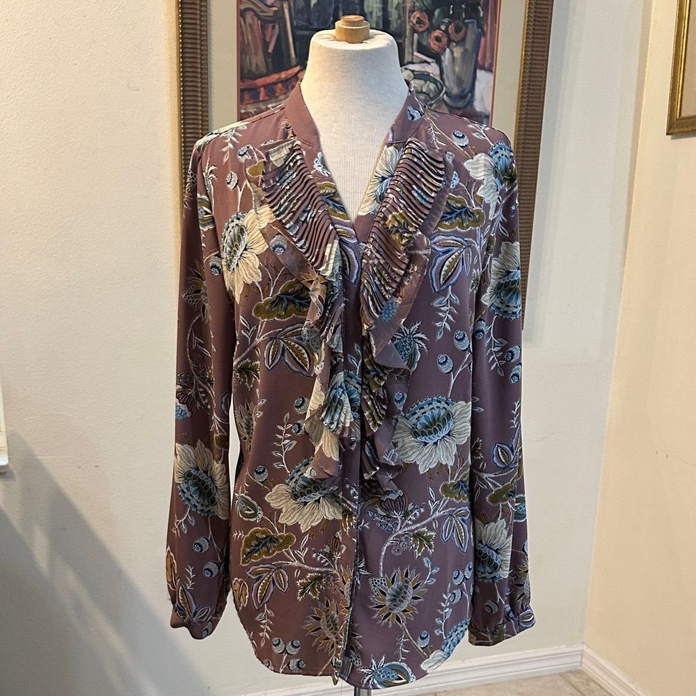 Chico’s Floral Ruffle Front Pattern Blouse - Purple and Blue Size 1 = Medium